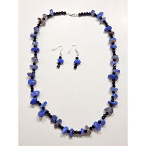 Handcrafted Blue Chalcedony Nuggets & Onyx Bead Necklace Earrings Nature Boho